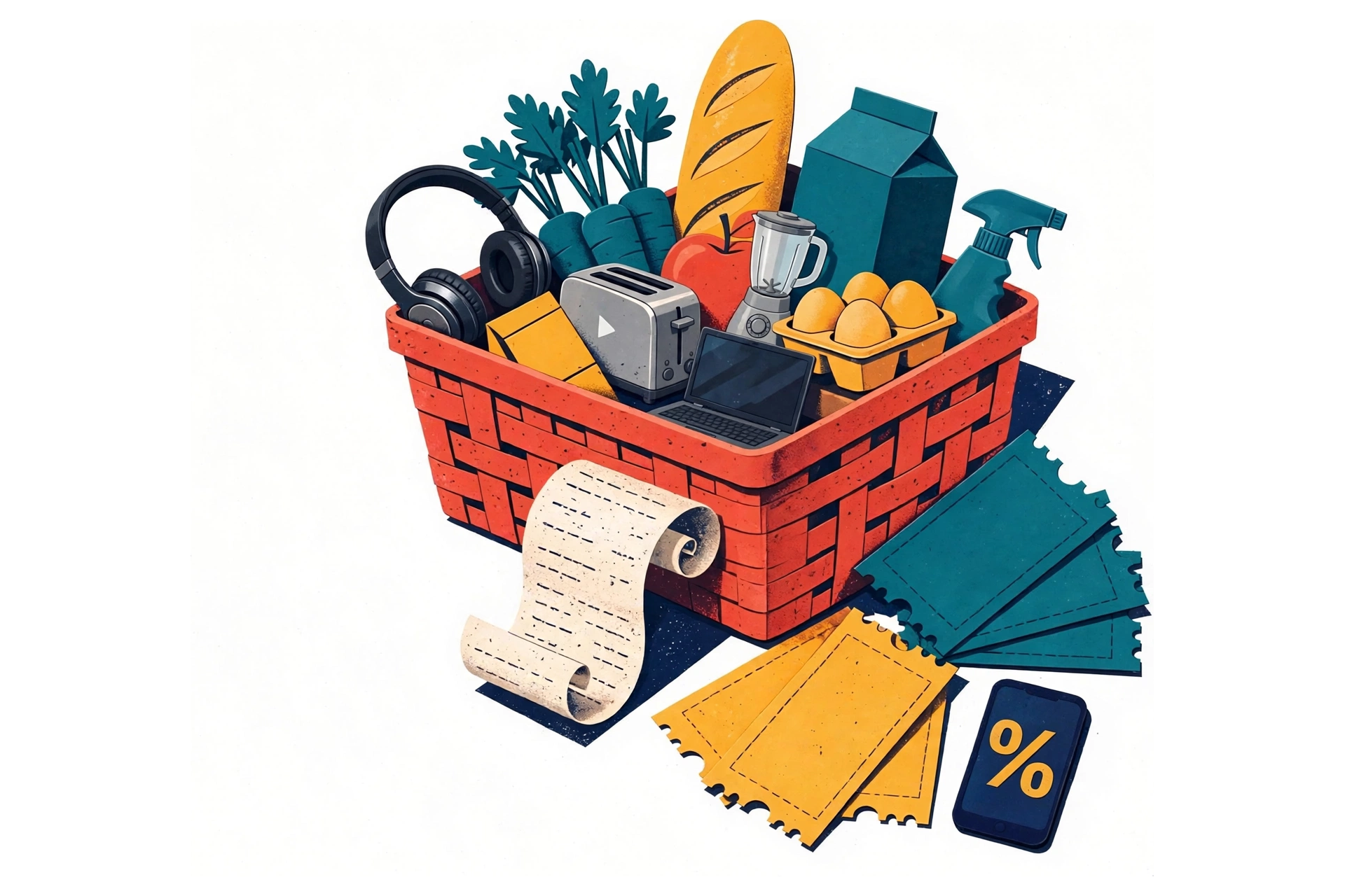 Deals basket with groceries, headphones, toaster, blender, laptop, receipt, and coupons