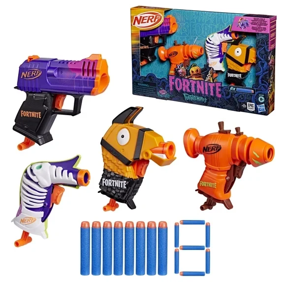 Four Nerf Fortnite Fortnitemares blasters with foam darts